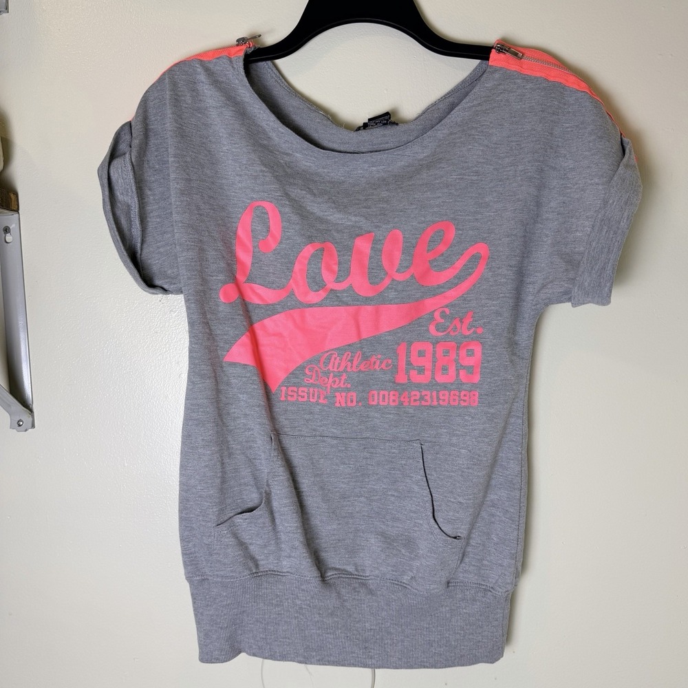 Miss Chievous Gray Short Sleeve Tunic Love Shirt Coral Zippers Size S/m 80's